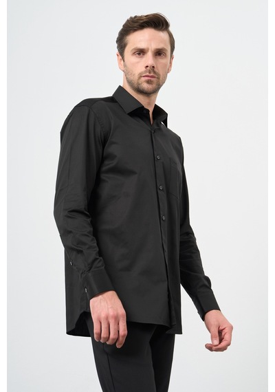 İmza Siyah Sert Yaka Cepli Comfort Fit Classic Pamuklu Gömlek 1004255323