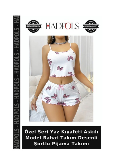 Hadpols Özel Seri Yaz Kıyafeti Askılı Model Rahat Takım Desenli Şortlu Pijama Takımı Beyaz - Pembe