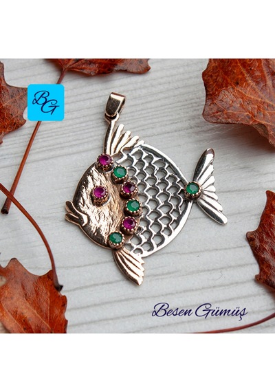 Kırmızı Yeşil Taşlı Otantik Balık Kolye Rose - Gold -  Gümüş