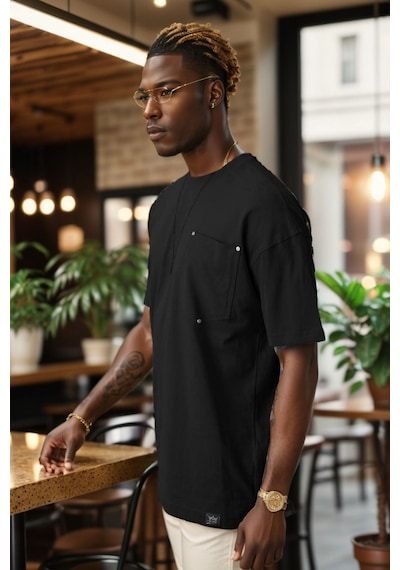 Balenbi Unisex Bisiklet Yaka Oversize Kalıp Penye Tişört 1004 Siyah 3 Siyah