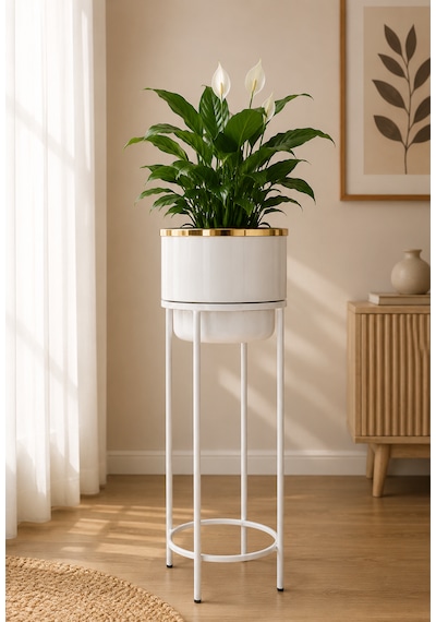 Bitkidunyam Mat Ayaklı Saksı, Metal, Altın Detaylı Kenar, Modern Minimalist Stil, İç Mekan, 62x26 Cm No:12 Beyaz