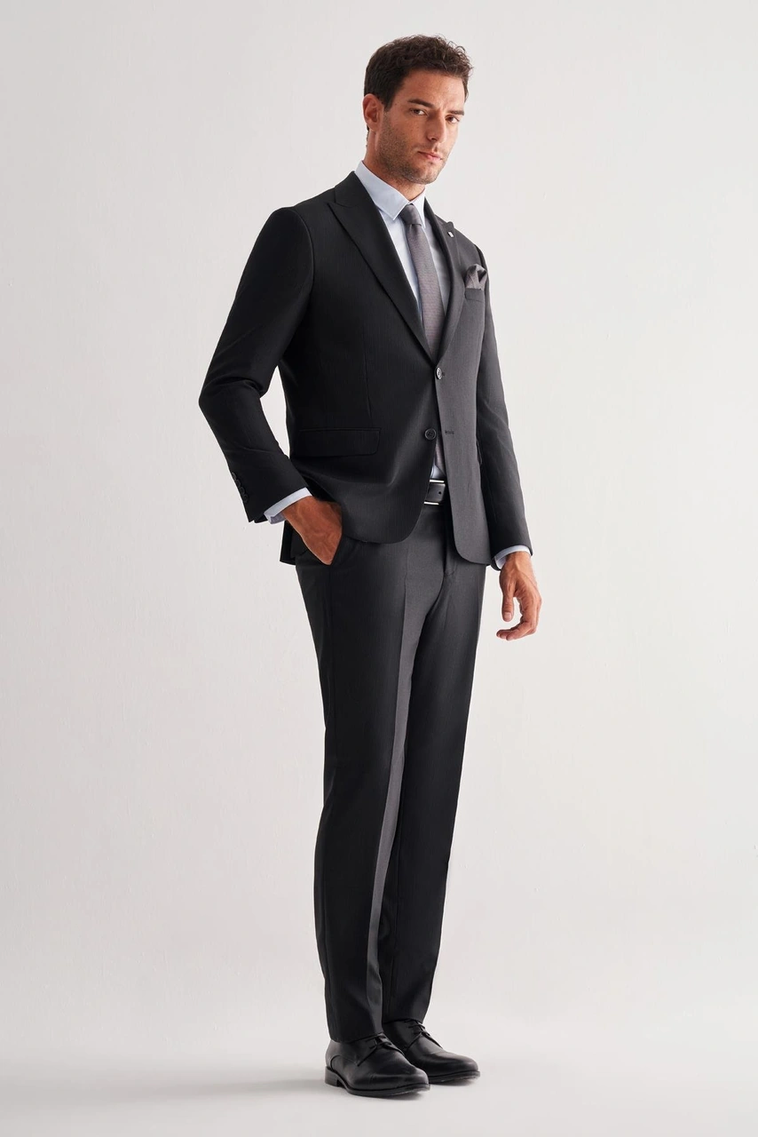 İmza Siyah Kırlangıç Yaka Tam Astar 6 Drop Slim Fit Esnek Takım Elbise 1001255156 Siyah
