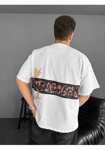 Erkek T-shirt Ön Ve Arka Baskılı Oversize Bisiklet Yaka Tişort - Beyaz