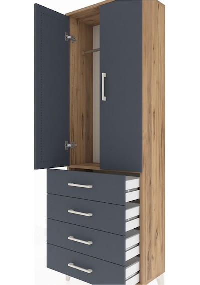Arges Dolap Tek Raflı 4 Çekmeceli Tek Askılı 60x30x182 Çam-an... Çam