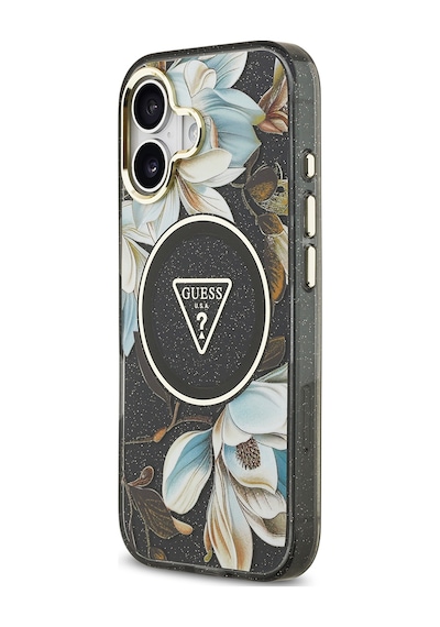 Apple Uyumlu iPhone 17 Kılıf Guess Lisanslı M-safeli Simli Çiçek Desen Metal Kamera Çerçeveli Üçgen Logolu Siyah Siyah