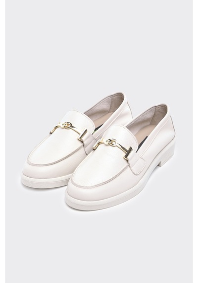 Derinet Tokalı Hakiki Deri Kadın Loafer Ekru Ekru
