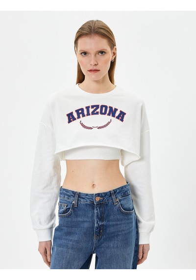 Koton Crop Sweatshirt Baskılı Bisiklet Yaka Uzun Kollu Beyaz 4sak10275ek Beyaz