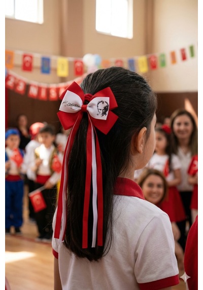 Atatürk Temalı 23 Nisan Saten Fiyonk Toka Kırmızı Beyaz Çocuk Saç Tokası