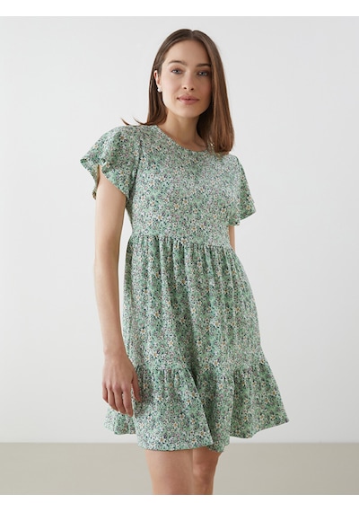 Lcw Comfort Yeşil Bisiklet Yaka Çiçekli Mini Elbise