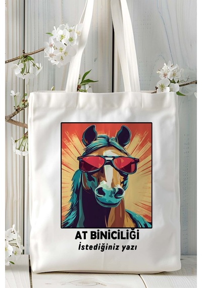 Art Hediye At Biniciliği Atçılık At Baskılı Bez Omuz Çantası Kişiye Özel Model 12 Çok Renkli