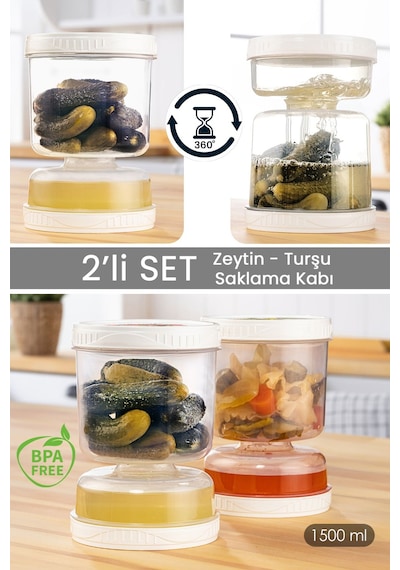 Meleni Home Süzgeçli Sızdırmaz Turşuluk Çevir Kullan Zeytinlik Saklama Kabı  2'li 1.5 L Şeffaf