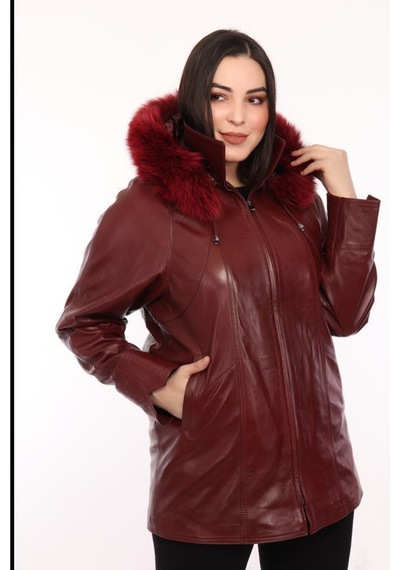 Hakiki Kuzu Derisi Fermuarlı Kürklü Kadın Ceket Bordo Ceket Bordo