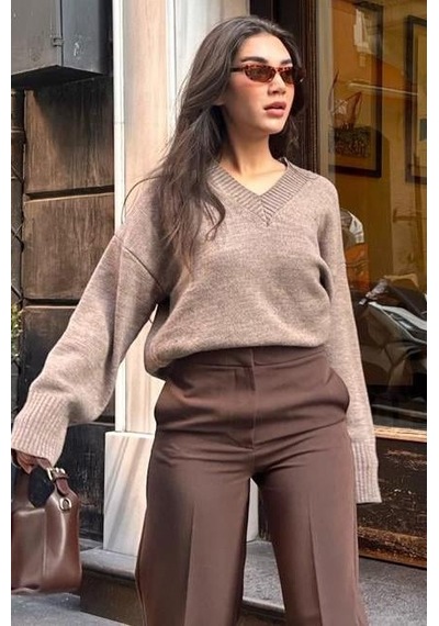Madmext Vizon V Yaka Oversize Kadın Triko Kazak Mg2149 Vizon