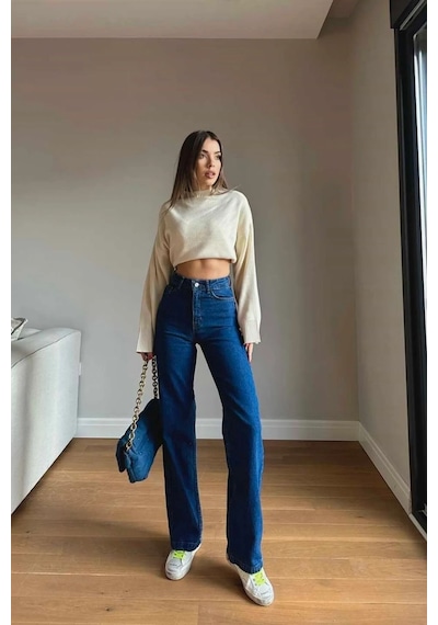 Ahmetkoccollection Kadın İspanyol Paça Pantolon Kot Rengi Kot Pantolon