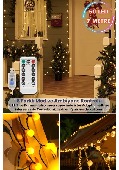 Technosmart 50 Ledli Usbli Kumandalı 8 Modlu 8 Metre Toplu Işık Parti Süsleme Organizasyon Sarı