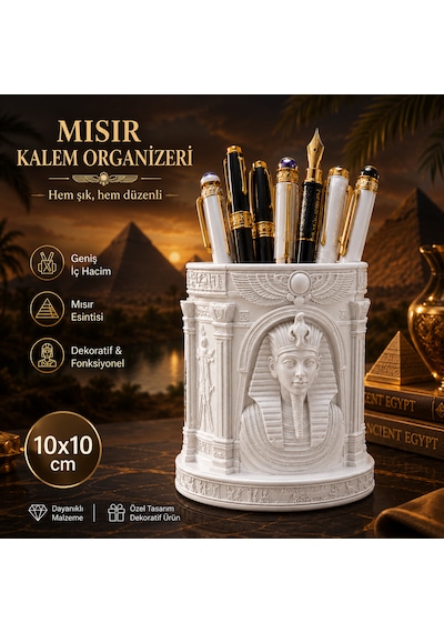 Antik Mısır Temalı Dekoratif Kalemlik Organizer Antik Mısır Tasarımlı Masaüstü Kalem Düzenleyici 10x10 Cm Beyaz