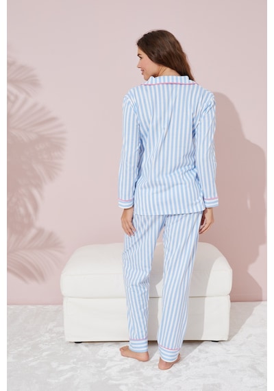Siyah İnci Mavi Beyaz Çizgili Düğmeli Biyeli Örme Pijama Takım
