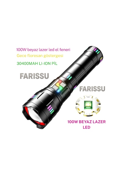 Or-w518 Ultra Güçlü Beyaz Lazer Led El Feneri 100w, 6000 Lümen, 2 Km Zoom Menzil Powerbank Özellikli Siyah