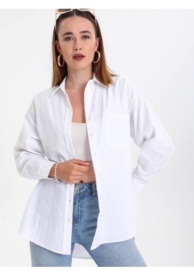 Pera Moda Oversize Arkası Uzun Önü Kısa Poplin Gömlek Beyaz