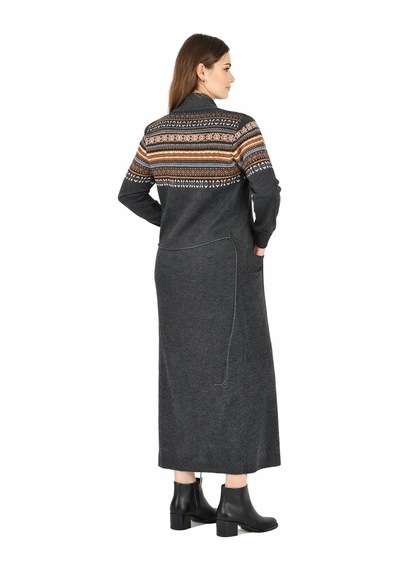 Onno Style Woman Standart Beden Kilim Desenli Uzun Triko Ceket Gri