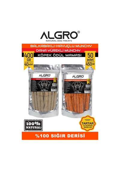 Algro Balkabaklı & Havuçlu 450 G + Yürekli Munchy Set Sığır Derisi Köpek Ödülü 400 G