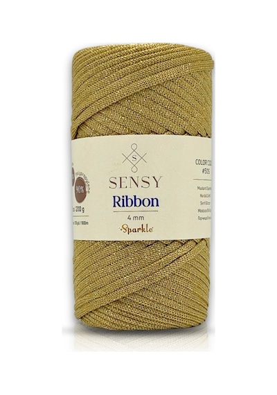 Premium Simli Ribbon Polyester İp 200 Gr Makrome İpi Supla İpliği Ve Çanta İp Simli Hardal