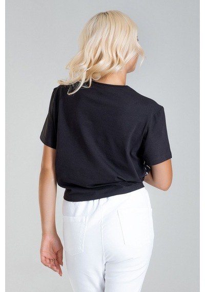 Kadın Bağlamalı Baskılı Viskon Kombinli Likralı Örme Kumaş Sıfır Yaka Tshirt Çok Renkli Kadın Bağlamalı Baskılı Viskon Kombinli Likralı Örme Kumaş Sıfır Yaka Tshirt Çok Renkli