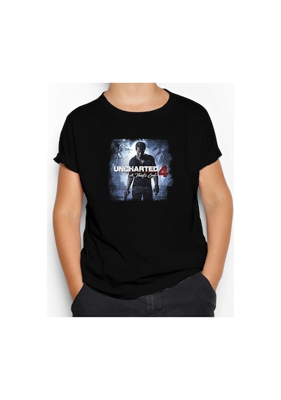 Zepplin Giyim Uncharted 4 Nathan Drake Poster Siyah Çocuk Tişört Siyah