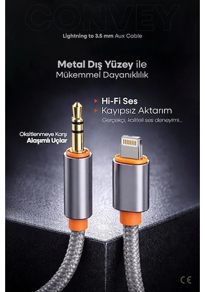 Convey 3.5mm Aux To Lightning İle Uyumlu Kablo 1 Metre Diğer
