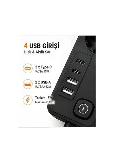 Magicool Akım Korumalı 5 Li Priz 2xusb 2xtype-c Çıkış Akım Koruma Çoklu Priz Çoğaltıcı Anahtarlı Ftr-31 Siyah