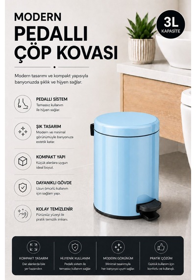Sas Haus Pedallı Çöp Kovası 3 Litre İç Kovalı Kapaklı Banyo Çöp Kutusu Bebek Mavisi - Elit 7003 Mavi