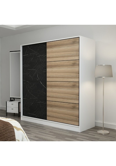 Minarmobilya Minar Kale 2 Kap. Sürgülü Dolap 180 Cm - Beyaz/Royal Mermer/Dore
