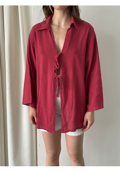 Laluvia Bordo %100 Keten Bağcık Detaylı Kimono Bluz - 5218 Bordo