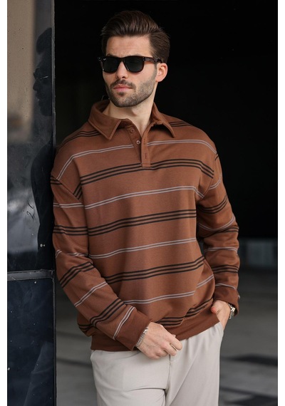 Madmext Kahverengi Çizgili Polo Yaka Erkek Sweatshirt E7172 Kahverengi