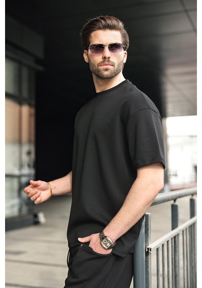 Madmext Siyah Bisiklet Yaka Oversize Erkek Şort T-shirt Takım E7355 Siyah