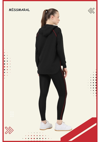 Kadın Eşofman Takım Siyah Üst Tunik & Siyah Regular Fit Lycralı Tayt Dalgıç Kumaş Aktif Spor 3060 Siyah Kırmızı Şeritli
