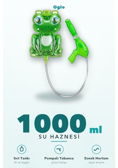 Su Tabancası Sırt Çantalı Pompalı Frogy Su Depolu Tanklı Çocuk Su Tüfeği, Yaz Bahçe Havuz Oyuncağı 3+ Yaş