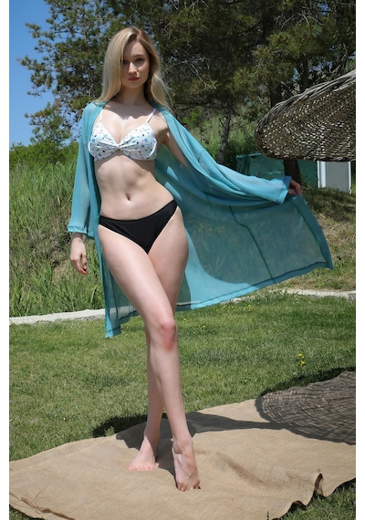 Modi Moda Çizgi Kadın Kimono Pareo Plaj Elbisesi Turkuaz 38040