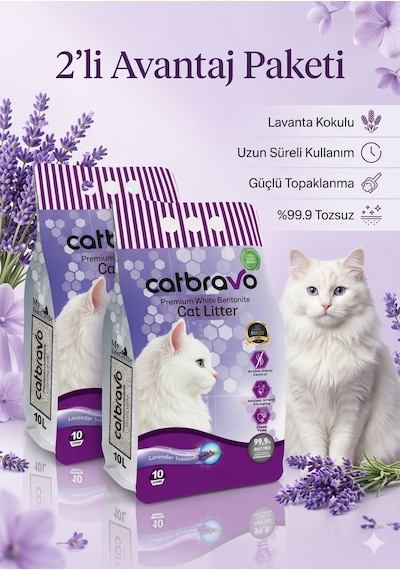 Catbravo Doğal Bentonite- Süper Topaklanan Lavanta Kokulu Kedi Kumu 10 Lt X 2 Adet