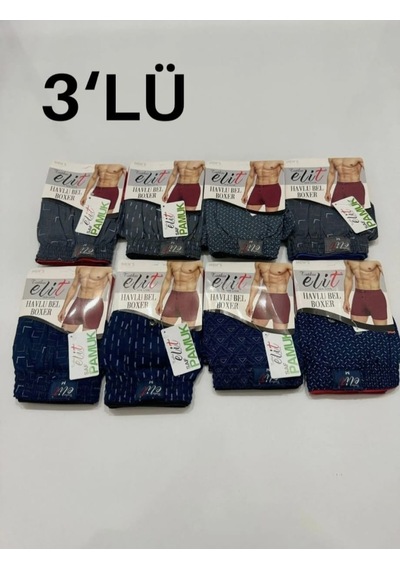 Tutku Elit 1102 Erkek Karışık Desenli Havlu Bel Boxer 3 Adet Çok Renkli