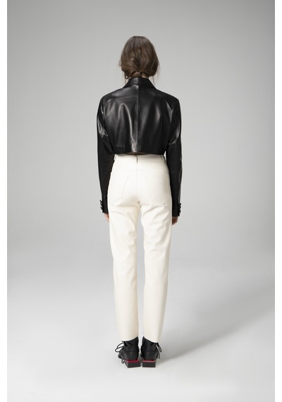 Siyah Dericlub Wm034 Gerçek Deri Crop Blazer Kadın Ceket