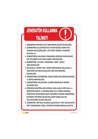 Jeneratör Kullanma Talimatı Tlm 047 50x60 Cm Dekota 3 Mm
