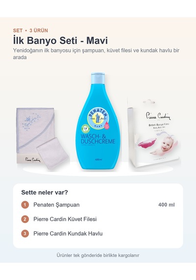 İlk Banyo Seti 3 Parça: Penaten Şampuan + Küvet Filesi + Kundak Havlu - Mavi
