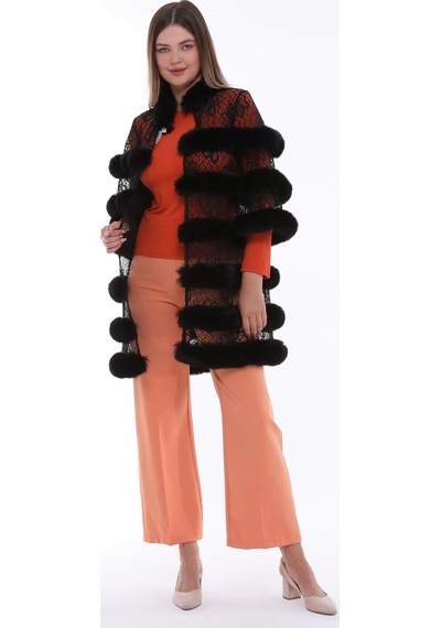 Furrier Suni Kürk Detaylı Dik Yaka Çiçek Desenli Dantel Yelek Siyah