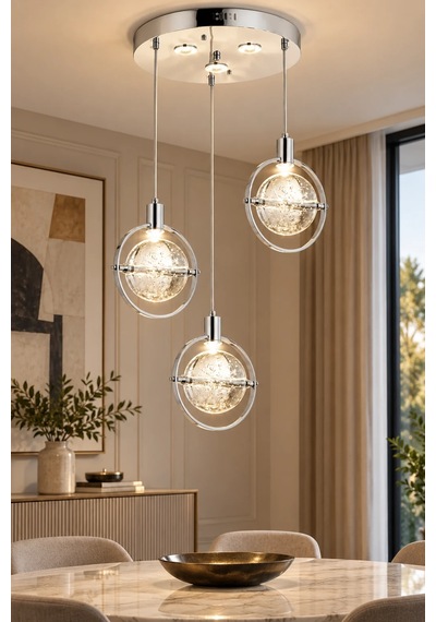 Modern Premium 3 Lü Sarkıt Avizesi Cam Küre Ledli 15w Beyaz Işık 4000k Salon Yatak Odası Modelleri