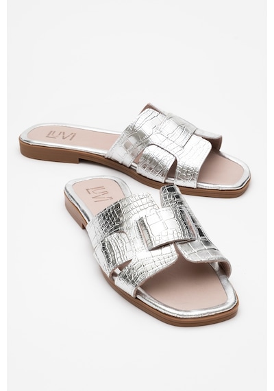 Luvishoes Luvi Shoes Notre Gümüş Baskı Hakiki Deri Kadın Terlik Gümüş