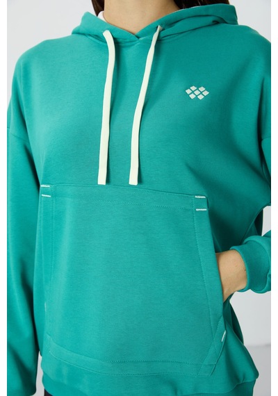 Tommy Life Deniz Yeşili Kompakt Pamuklu Kalın Pürüzsüz Dokulu Kapüşonlu Oversize Fit Kadın Sweatshirt - 97291 Yeşil
