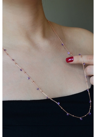 925 Ayar Gümüş Zirkon Taşlı Toplu Uzun Kolye - N118001 Rose Gold