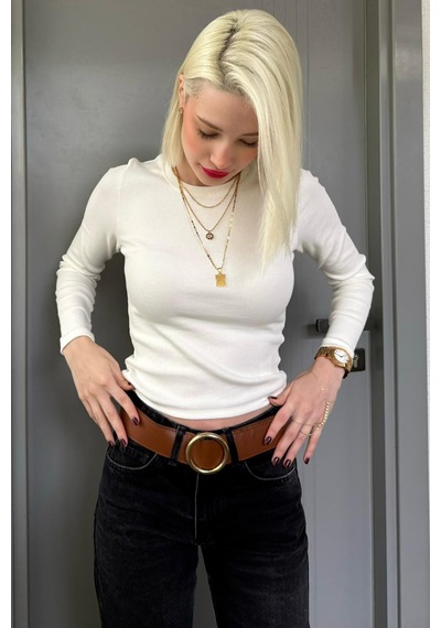 Madmext Ekru Bisiklet Yaka Slim Fit Kadın Body Mg2564 Ekru