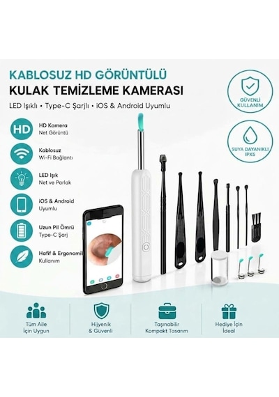 Beyaz Kablosuz Hd Görüntülü Kulak Temizleme Kamerası, Led Işıklı Type-c Şarjlı İos Ve Android Uyumlu